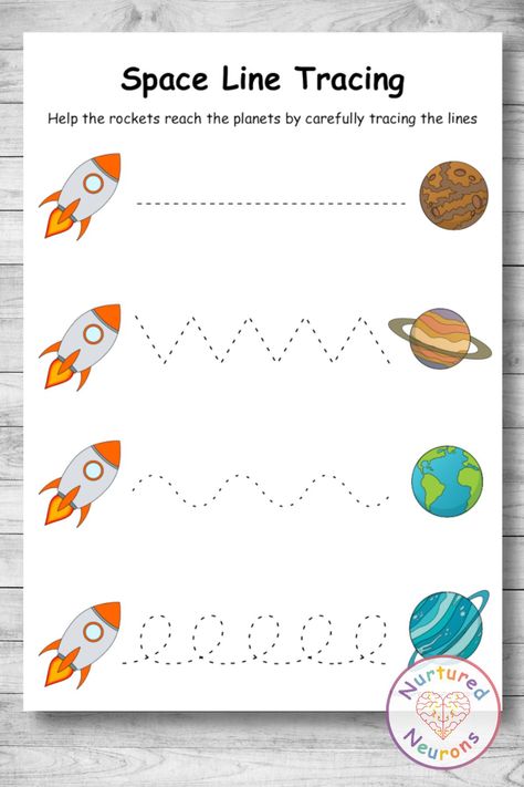 Blast off with this awesome line tracing sheet! These space line tracing worksheets are great for developing early writing skills and pencil control. You can grab these space printables over at Nurtured Neurons today! #spaceworksheets #kindergartenworksheets #preschoolworksheets #spacetheme #spacelearning #linetracing #tracingpages Space Prewriting Activities, Pencil Control Activities Preschool, Space Kindergarten Activities, Space Worksheets For Preschool, Planets Preschool, July Worksheets, Space Sensory, Space Printables, Line Tracing Worksheets