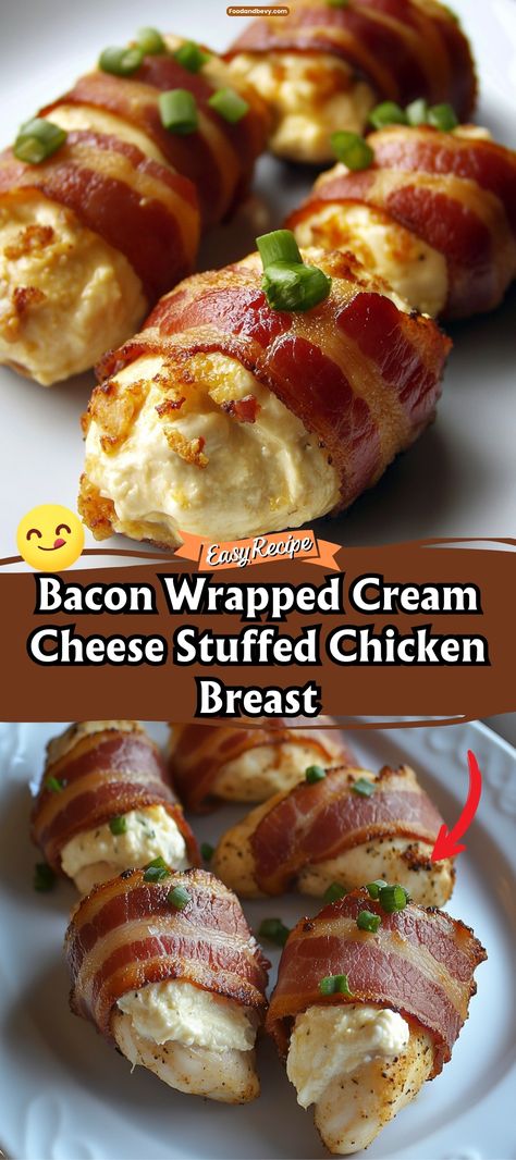 Chicken Bites Baked, Grilled Bacon Wrapped Asparagus, Chicken Bites Appetizers, Cream Cheese Stuffed Chicken Breast, Healthy Bacon Recipes, Bacon Wrapped Cream Cheese, Baked Bacon Wrapped Chicken, Cream Cheese Stuffed Chicken, Bacon Recipes Breakfast