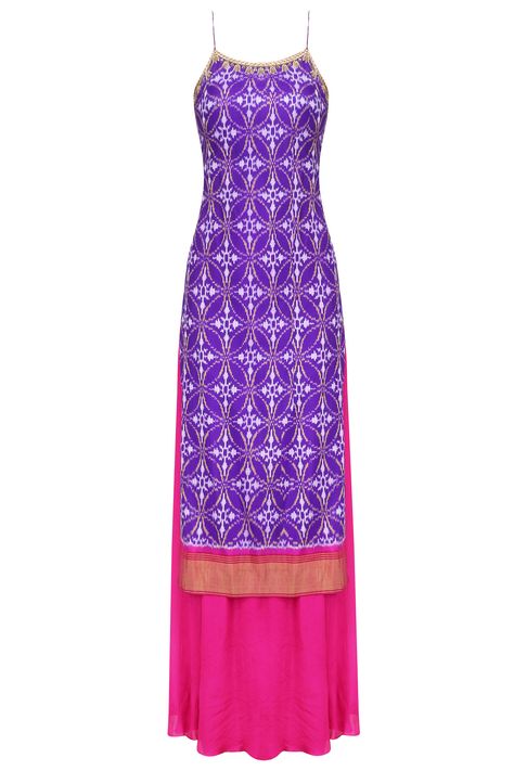 Purple ikat work strappy kurta with pink flared pants available only at Pernia's Pop Up Shop. Pink Flared Pants, Strappy Kurta, Indian Dresses For Girls, Ethnic Trends, Shadi Dresses, Saree Wearing Styles, Fashion Designer Clothes, Bollywood Dress, Indian Designer Suits