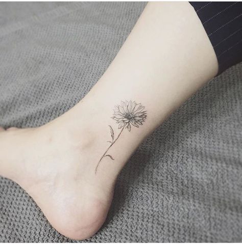 Fine line flower Sunflower Tattoo Thigh, Sunflower Tattoo Shoulder, Ankle Tattoo Designs, Ankle Tattoos For Women, Ankle Tattoos, Daisy Tattoo, Sunflower Tattoos, Sunflower Tattoo, Ankle Tattoo