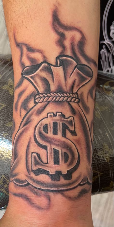 Men Hood Tattoos, 50 Dollar Tattoos For Women, Lips With Money Tattoo, Finger Candle Tattoo, South Central La Tattoo, Simple Hood Tattoos, Money Bag Stencil, Bag Chaser Tattoo, Clock Tattoos Men