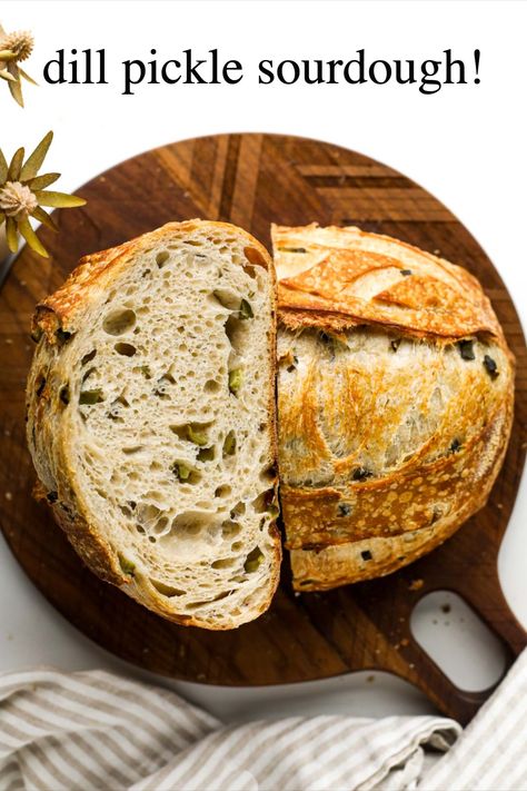 dill pickle sourdough bread on cutting board Bread Inspiration, Heartbeet Kitchen, Making Dough, Vegan Breads, Bread Scoring, Oven Bread, Starter Recipes, Discard Recipes, Homemade Breads