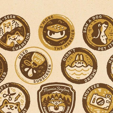 MarninSaylor’s Camp Donutwannagohome on Instagram: "Earn your merit badges with us at Camp Donutwannagohome this summer! This design will be available on a tote bag. 🛶🌲 Which of these have you completed so far in life (hopefully ‘didn’t drown’)?" Badge Icon Design, Scout Badge Design, Summer Camp Badges, Summer Camp Tshirt Designs, Camping Design Graphics, Retro Summer Camp Aesthetic, Summer Camp Graphic Design, Camping Graphic Design, Camp Graphic Design