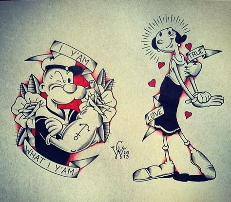 Love these drawings of Popeye and Olive Oyl!!! Would be fun tattoo! Popeye Tattoo, Cute Tattoo Ideas, Popeye Cartoon, Popeye And Olive, Sailor Jerry Tattoos, Popeye The Sailor Man, Cartoon Tattoo, Cute Tattoo, Tattoo Old School