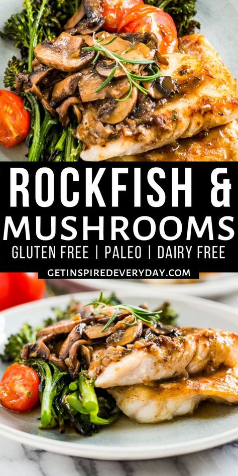 This Pan Fried Rockfish is easy to make and all flavor with the quick rosemary mushroom pan sauce, tomatoes and roasted broccolini. It's gluten free, dairy free, paleo, and perfect for weeknight dinners or for entertaining as well. Rockfish Recipes, Rosemary Mushrooms, Fresh Fish Recipes, Roasted Broccolini, White Fish Recipes, Pan Sauce, Dairy Free Paleo, Fish Recipes Healthy, Mushroom Sauce