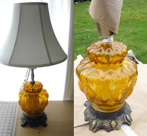 Lamp makeover Refurbished Lamps Diy, Gothic Lamp Diy, Painting Glass Lamps, Old Lamps Repurposed, Repurposed Lamp Base, Old Lamps Makeover, Handmade Lamps Ideas, Lamp Base Makeover, Glass Lamp Makeover