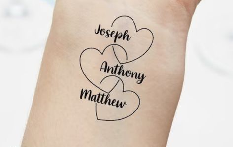 Family Hearts Tattoo, Love Always Tattoo Fonts, Heart Infinity Tattoo With Names, Tiny Wrist Tattoos, Family Tattoo Designs, Family Tattoos, Can't Stop Laughing, Word Tattoos, Heart Tattoo