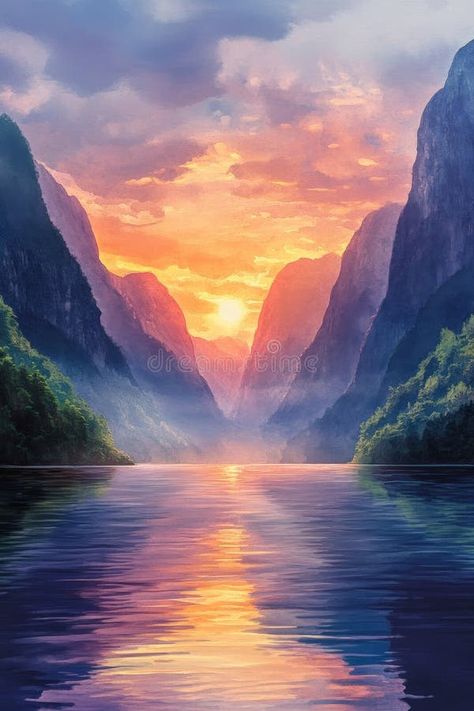 A stunning sunset casts warm hues across a calm mountain river, with majestic peaks rising and vibrant colors stock photos Sun Rise Painting, Sunrise Art Painting, Pokemon Song, Sunset Over Mountains, Landscape References, Water Sunset, Painting References, Sunrise Painting, Stunning Sunset