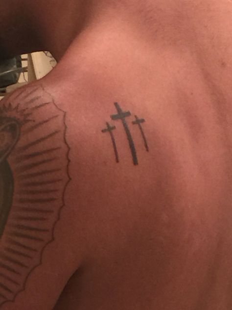 Three Small Crosses Tattoo Black & Gery Three Crosses On Calvary Tattoo, Three Wooden Crosses Tattoo, Three Crosses Tattoo For Men, 3 Crosses Tattoo Men, Three Crosses Tattoo Design, Cross Rib Tattoos, 3 Crosses Tattoo Design, 3 Crosses Tattoo, Three Crosses Tattoo