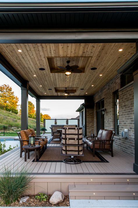 Back Porch Inspiration, Deck Ceiling Ideas, Patio Ceiling Ideas, Back Porch Designs, Porch Inspiration, Covered Patio Design, Hickory Dickory, Tongue And Groove Ceiling, Porch Ceiling