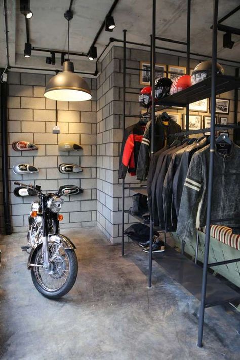 Motorcycle Showroom Interior, Motorcycle Showroom Design, Flagship Store Design, Race Car Decor, Garage Redesign, Motorcycle Workshop, Motorcycle Store, Enfield Motorcycle, Motorcycle Shop