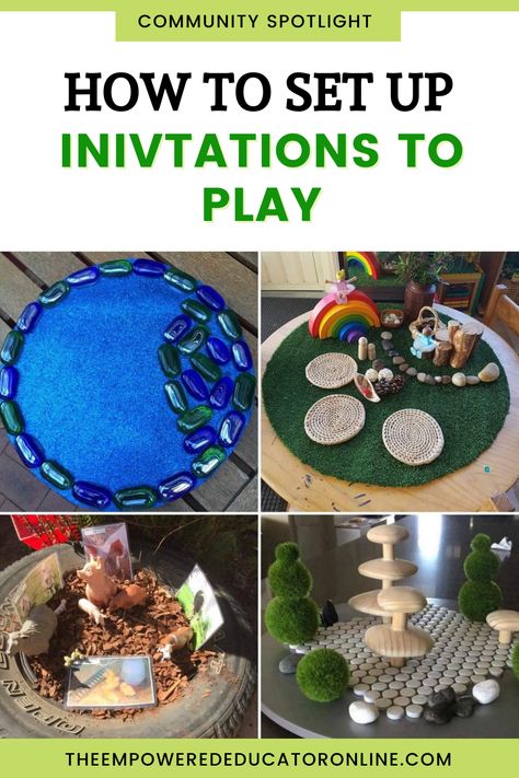 To simplify… invitations to play are really just a collection of materials (or props if that helps you to visualise) set up together with some thought and creativity behind the process. The aim is as the name suggests…to invite children to explore, investigate, create PLAY. They might be set up with intent of  children exploring and understanding basic learning concepts or they might be set up with no specific learning outcome in mind. They might encourage further exploration of a current ... Nature Play Ideas, Small World Play Ideas, Invitations To Play, Early Learning Environments, Infant Sensory Activities, Family Day Care, Invitation To Play, Small World Play, Nature Play