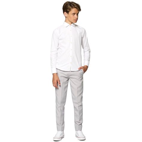 Looking for a shirt to complete the outfit of your little gentleman? This OppoSuits white shirt will add charm and sophistication to his look. It's the ideal garment to match with any suit, from bold to basic ones. Furthermore, this shirt is long enough to tuck in his pants and it will stay in there - even while he's running around - because it's specially designed to wear with a suit. Looking for a shirt to complete the outfit of your little gentleman? This OppoSuits white shirt will add charm Boys Dressy Outfits, Semi Formal Outfit, White Knight, Kids App, Graduation Outfit, Formal Outfit, Big Boys, Dress Codes, White Shirt