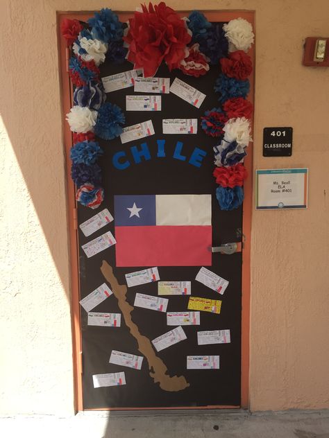 Hispanic Heritage door decoration for Chile. We made tissue paper flowers in the country colors of red, white, and blue. The kids completed passports along with a flag and outline of the country to pull it all together. Chile Classroom Door, Hispanic Heritage Month Bulletin Board, Country Door, Room Mom, Hispanic Heritage Month, Room Renovation, Hispanic Heritage, Door Decorations Classroom, Classroom Door