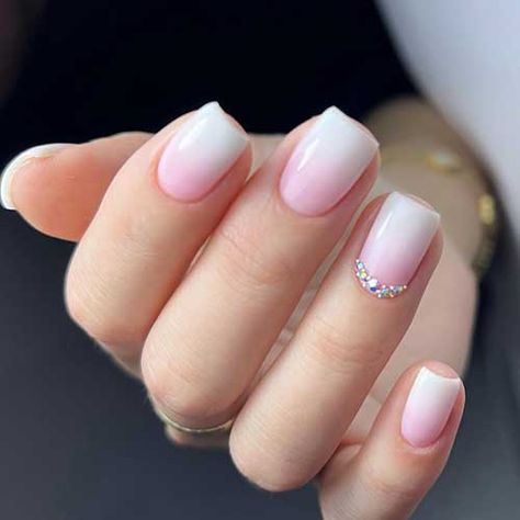 Short Baby Boomer Nails with Rhinestones Pink Ombre Nails With Rhinestones, Short Baby Boomer Nails, White And Pink Ombre Nails, Pink And White Ombré Nails, Pink Ombre Nail Designs, Ombre Nails With Rhinestones, White And Pink Ombre, Classy Short Nail Designs, Pink And White Ombre Nails