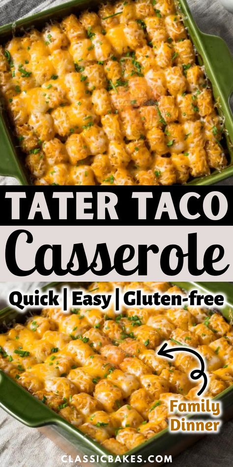 Tater Taco Casserole combines all the best flavors of a traditional taco into one tasty dish. You’ll love how easy this gluten-free comfort food recipe is too—it comes together in just 30 minutes! Taco Casserole Bake Tater Tots, Gluten Free Taco Bake, Gluten Free Taco Casserole, Tater Taco Casserole, Leftover Taco Meat Recipes, Gluten Free Taco, Taco Casserole Bake, Leftover Taco Meat, Gluten Free Comfort Food