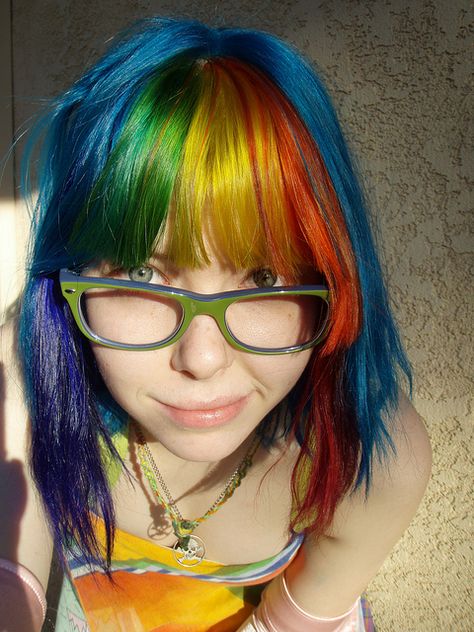 Rainbow hair summer 2011. Brown And Rainbow Hair, Rainbow Hair Drawing, Rainbow Bangs, Rainbow Dyed Hair, Short Rainbow Hair, Choppy Bob With Bangs, Poofy Hair, Rainbow Hair Color, Violet Hair