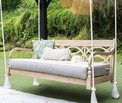 This daybed swing is made of solid mahogany wood fearuring a beautiful design on the back rest. Relax & enjoy your outdoor living space with this elegant daybed swing. #ad #daybed #swing #outdoorlivingspace #outdoorswing #mahogany #patioideas #porchdecorating #porchlife #daybedswing #outdoorfurnitureideas #outdoorstyle Wooden Daybed, Wood Porch, Swing Bed, Lime Wash, Rustic Porch, Wooden Porch, Patio Swing, Outdoor Daybed, Bed Swing