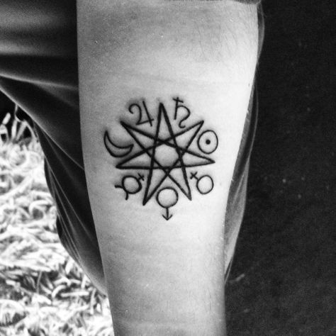 Tattoo from the Blood Luminary series. Comprised of a septagram/heptagram and seven astrological symbols. Septagram Tattoo, Heptagram Tattoo, Matching Arm Tattoos, Tattoos Witchcraft, Occult Tattoos, Pagan Tattoos, Witchcraft Tattoos, Pagan Tattoo, Witchcraft Symbols