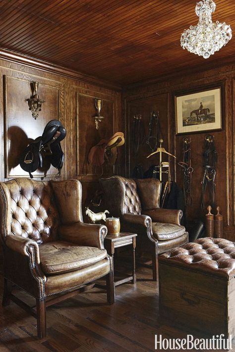 Midwest Estate's Stable Now Multitasks - Annie Brahler-Smith Transforms Horse Barn Horse Decor Living Room, Tack Rooms, Leather Wing Chair, Custom Dining Tables, Equestrian Decor, Hunting Lodge, Tack Room, Horse Decor, Horse Stables