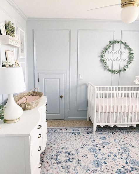 Love the framing on this wall - such a dreamy space! 📸: @stephaniehoeyinteriors Blue Nursery Girl, Cozy Breakfast Nook, Nursery Room Design, Girl Nursery Room, Nursery Room Inspiration, Blue Nursery, Nursery Baby Room, Pink Nursery