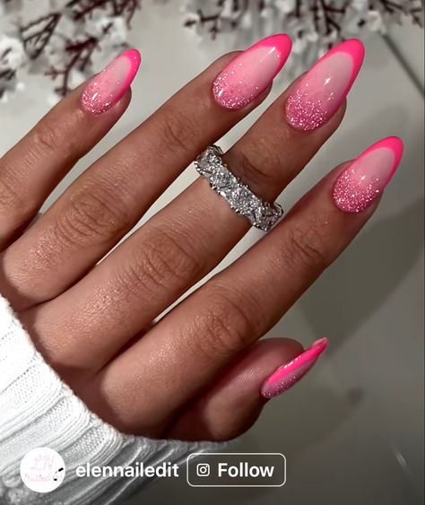 Sparkly Bright Nails, Bright Pink Nails Ideas, Bright Pink Sparkle Nails, Bright Sparkly Nails, Pink Sparkly Almond Nails, Hot Pink Nails With Design Glitter, Pink Disco Nails, Bright Winter Nails, Pink And Sparkle Nails