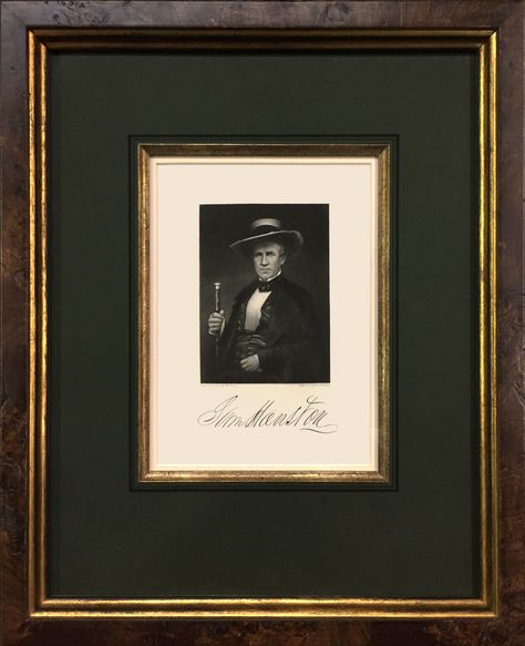 "Sam Houston," Butte, 1860. Steel engraving in a custom frame design with a gold inner frame lip and gold fillet. Framed to conservation standards with archival materials. Unique Framing, Picture Frame Crafts, Historical Objects, Sam Houston, Photo Frame Design, Picture Framing, Hanging Picture Frames, Architectural Prints, Custom Picture Frame