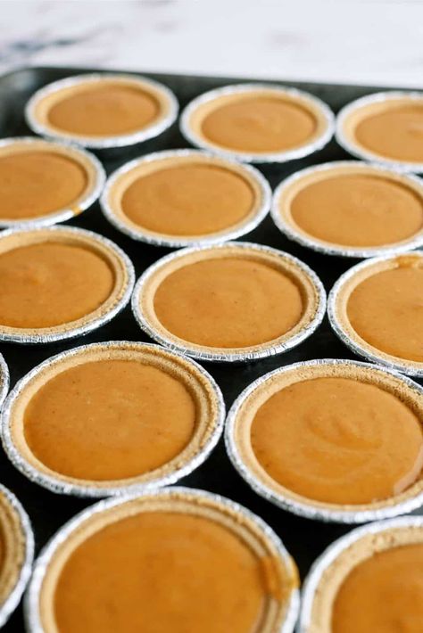 Mini Pumpkin Pies Recipe - Six Sisters' Stuff Pumpkin Pie Recipe Mini, How To Make Mini Pumpkin Pies, Pumpkin Pie Mini Pies, Mini Pumpkin Pies In A Muffin Tin, Pumpkin Pie Recipe Graham Cracker Crust, Turtle Meat Recipe, Mini Sweet Potato Pie, Grahm Cracker Crust, Individual Pumpkin Pie