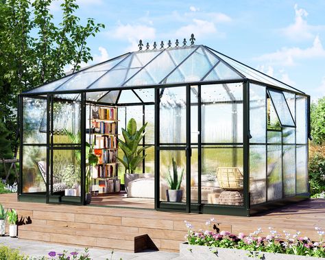 PRICES MAY VARY. 14x9.5x9FT Hobby Greenhouse & Sunroom: 9 FT overall height, extra large space to accommodate more plants, or used for recreation house, without the feeling of being cramped. Upgraded 6 FT wall height, easy to access, and no need to bend over Walk-in Greenhouse for Better Ventilation: 2 wide swing doors (with door hooks) for easy entry to machineries and people. 2 eight-level adjustable side vents for air convection to manage excess moisture of the backyard greenhouse Solid Mater Greenhouse Sunroom, Aluminium Greenhouse, Winter Greenhouse, Hobby Greenhouse, Lean To Greenhouse, Walk In Greenhouse, Greenhouse Shed, Polycarbonate Greenhouse, Polycarbonate Panels