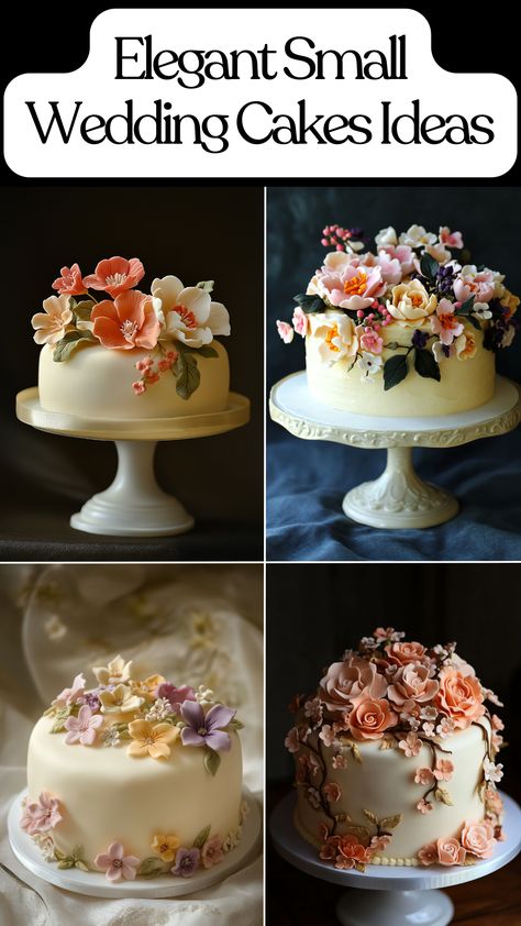 Small elegant wedding cake with floral decorations in a simple, one-tier design perfect for intimate celebrations. Beautiful Wedding Cakes Elegant Simple, Pink Wedding Cake Simple, Small Wedding Cake Designs, Wedding Cake Icing Flowers, Fancy Cake Designs, Simple Wedding Cake Small One Tier, Wedding Cake One Tier, Single Layer Wedding Cake, Wedding Cake Ideas Simple