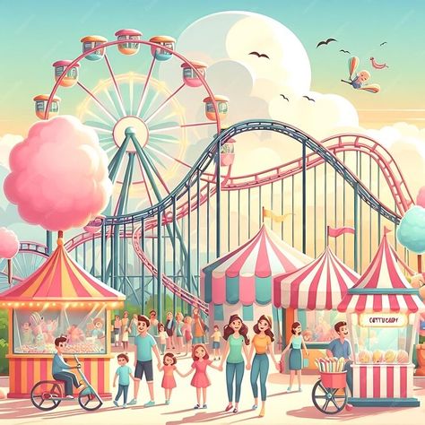 Premium Photo | Park scene with colorful roller coasters a Ferris wheel Exam Background, Roller Coaster Illustration, Nike Photoshoot, Fair Aesthetic, Park Scene, Cartoon Photo, Roller Coasters, Parc D'attraction, Stationery Templates