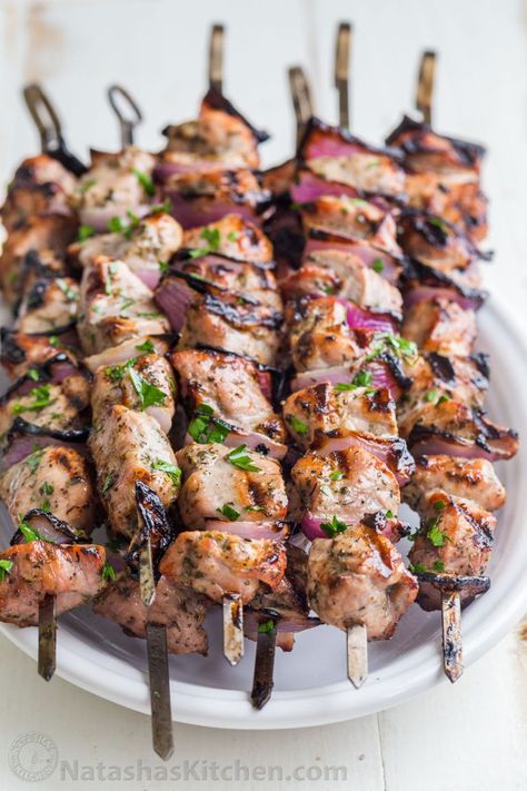 A simple, excellent recipe for Grilled Pork Shish Kabobs. See our tips and tricks for flavorful and tender, crowd pleasing pork kabobs. | natashaskitchen.com Pork Shish Kabobs, Pork Kabob Marinade, Pork Tenderloin Kabobs, Polynesian Recipes, Grilled Pork Tenderloin Recipes, Shishkabobs Recipe, Natashas Kitchen, Pork Kebabs, Pork Kabobs