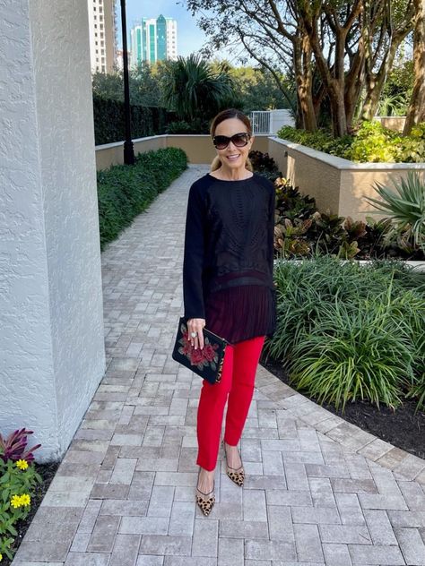 I love to add color to my wardrobe. I have had this pair of red pants now for a few seasons and have quite enjoyed the different ways I can style them. Yes, a great fitting pair of red pants can be worn endlessly. Have you ever wondered, What to Wear with Red Pants? Read on for a little inspiration. #style #wear #red #fashion #over50 #outfit #ideas What To Wear With Red Trousers, Red Pants Holiday Outfit, How To Wear Red Pants, What To Wear With Red Pants, Red Slacks Outfit, Red Pants Outfit Winter, How To Style Red Pants, Red Wide Leg Pants Outfit, Outfits With Red Pants