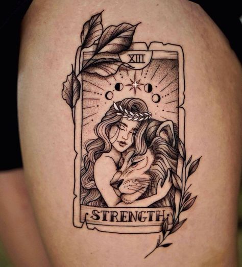 Tarot Card Tattoo Ideas, Card Tattoo Ideas, Backpiece Tattoo, Tarot Card Tattoo, Tarot Tattoo, Card Tattoo Designs, Witch Tattoo, Leo Tattoos, Strength Tattoo