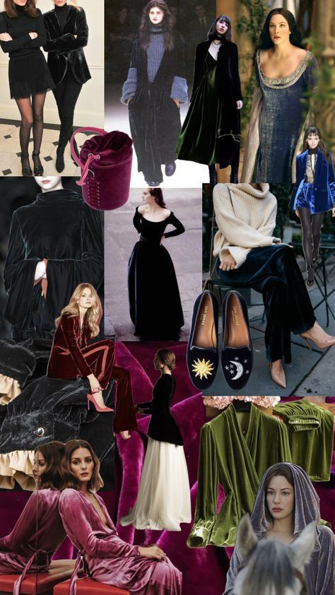 velvet #medieval #witchy #witch #witchaesthetic #fashionmoodboard Witchy Modern Outfit, Moon Aesthetic Fashion, Soft Witch Aesthetic Outfit, Winter Witch Outfit, Wimsey Goth Style, Witchy Style Modern Witch, 1920s Witch, Witch Outfits Aesthetic, Modern Witch Aesthetic Outfit