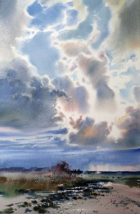 Landscape Sketch Pencil, Watercolour Ideas, Watercolor Art Landscape, Watercolor Clouds, Watercolour Landscape, Watercolor Sky, Landscape Sketch, Sketch Pencil, Watercolour Inspiration