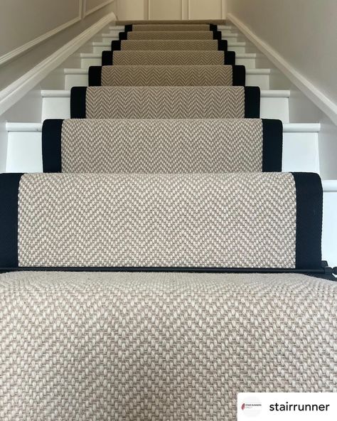 Definitely one of our best sellers! Fibre Flooring Chalk herringbone with black border @fibreflooring @jaspa_binding_tapes stair runner and landing carpet. Black jubilee stair rods @stairrods_uk #stairs #stairrunner #carpet #stairrods #stairrunners Carpet Runner On Stairs Brass Rods, Herringbone Carpet Stairs And Landing, Stairs Runner Carpet, Stairs Carpet Runner, Fibre Flooring, Landing Carpet, Stairs And Hallway Ideas, Bars Ideas, Stairs Runner