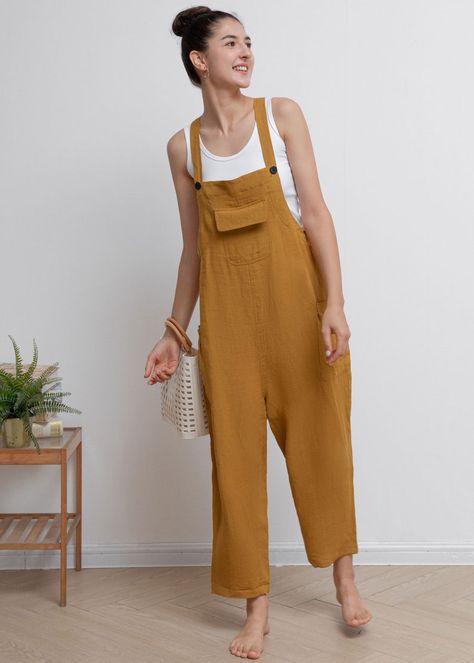 Yellow Jumpsuit Outfit, Linen Overalls, Yellow Jumpsuit, Harem Jumpsuits, Jumpsuit Casual, Linen Romper, Big Pockets, Jumpsuit Outfit, Linen Jumpsuit