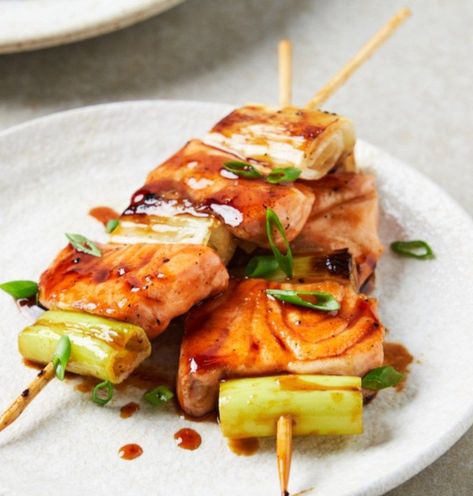 Teriyaki Salmon Skewers | teriyakii, salmon | Teriyaki Salmon Skewers… with my guide to preparing those skewers for perfectly cooked salmon and leeks everytime✌️ | By Marion Cooks Asian Food Classics | Facebook Teryaki Sauce, Salmon Teriyaki, Salmon Skewers, Cooked Salmon, Teriyaki Salmon, Cooking Salmon, Asian Food, Fish And Seafood, Leeks