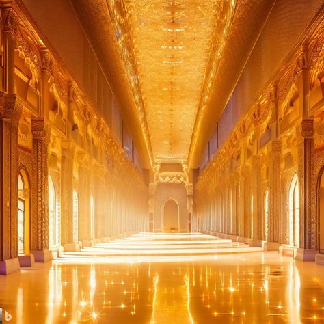 Gold Building Aesthetic, Sun Court Aesthetic, Gold Palace Aesthetic, Palace Corridor, Locations Aesthetic, Gold Architecture, Sun Palace, Golden Castle, Gold Castle