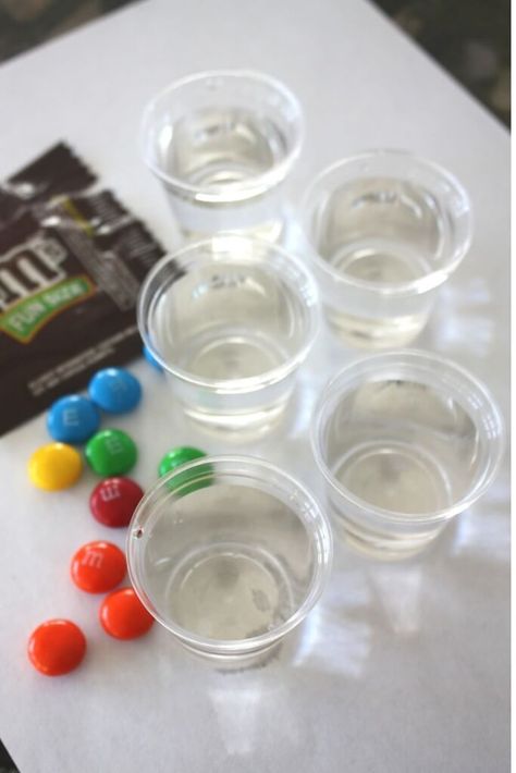 Floating M Candy Experiment Set Up M&M Science Science Experiments For Preschool, Experiments For Preschool, Candy Math Activities, Chocolate Activities, Candy Science Experiments, Candy Math, Candy Experiments, Science Experiments Kids Elementary, Candy Science