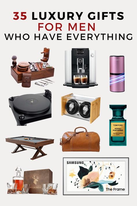 A collection of luxury gifts for men, including a shaving set, air purifier, record player, coffee maker, duffel bag, crystal decanter set, bamboo watch winder, Tom Ford private blend fragrance, pool table, and Samsung TV. Gifts For Adult Male, Mens Luxury Gifts, Crystal Gifts For Him, Boss Gift Ideas Men, Gifts For Entertainers, Gifts For Husband For Christmas, Gifts For Fitness Lovers Men, Men’s Christmas Gifts 2024, Men’s Gift Guide