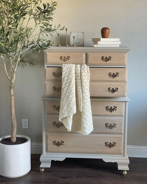 Tall Dresser Refurbish, Tallboy Dresser Decor, Refinished Tall Dresser, Tall Dresser Makeover Diy Repurposing, Tall Dresser Repurpose, Dresser Decor Bedroom Ideas, Dresser Renovation, Tall Dresser Makeover, Wood Dressers Makeover