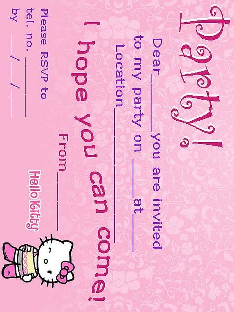 Printable Hello Kitty Coloring Pages, Fun Birthday Invitations, Hello Kitty Printable, Printable Hello Kitty, Hello Kitty Birthday Invitations, Hello Kitty Invitations, Sleepover Invitations, Hello Kitty Colouring Pages, Hello Kitty Printables