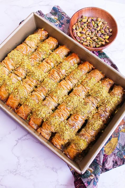 Pistachio Baklava Rolls - Maral in the Kitchen Turkish Rolls Recipe, Lebanese Baklava Recipe, Pistachio Baklava Recipe, Baklava Rolls, Honey Baklava, Moroccan Desserts, Phyllo Dough Recipes, Phyllo Recipes, Pistachio Baklava