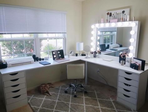 Small Office And Vanity Room, Ikea Desk And Makeup, Double Desk And Vanity, Two Desk Bedroom Layout, Office Desk And Vanity Combo, 2 In 1 Desk And Vanity, Makeup And Pc Desk, Makeup Vanity And Office Desk Combo, Long Vanity Desk