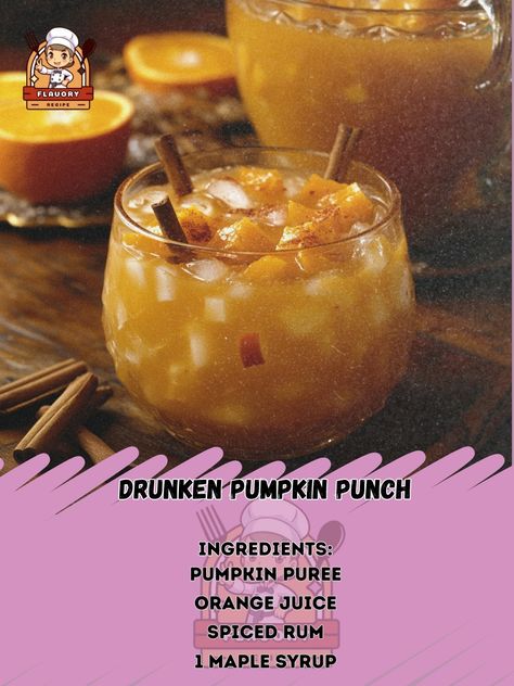 🎃🍹 Get into the fall spirit with our Drunken Pumpkin Punch - a delicious and boozy treat perfect for any gathering! Recipe: Drunken Pumpkin Punch Ingredients: - 1 cup pumpkin puree - 1 cup orange juice - 1 cup spiced rum - 1/2 cup maple syrup - 1 tsp cinnamon - 1/2 tsp nutmeg - 2 cups ginger beer - Sliced oranges and cinnamon sticks for garnish Instructions: 1. In a large pitcher, combine pumpkin puree, orange juice, spiced rum, maple syrup, cinnamon, and nutmeg. 2. Stir well until everyth... Drunken Pumpkin, Pumpkin Punch, 1 Cup Pumpkin Puree, Sliced Oranges, Daily Recipes, Spiced Rum, Ginger Beer, Daily Meals, Pumpkin Puree