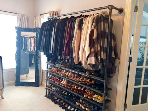 DIY Closet System Built with Pipe & Fittings (Plans Included) Pipe Closet Storage, Pipe Closet Diy, Diy Wooden Closet Organizer, Pipe Closet With Dresser, Diy Pipe Clothing Rack, Industrial Piping Closet Clothing Racks, Pipe Closet, Diy Closet System, Closet Rack