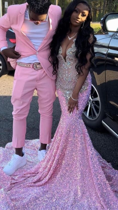 Pink Silver Prom Dress, Pink Prom Dress Black Couple, Pink And White Prom Black Couple, Prom Inspo Black Couples, Pink And Silver Prom Dresses, Pink Prom Dresses Couple, 2023 Prom Dresses Pink, Purple Prom Dresses 2023, Sparkly Pink Prom Dress