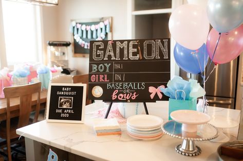 Baseballs or bows gender reveal theme -- game day sign, pink/blue balloons! Baseballs Or Bows Gender Reveal, Game Day Sign, Baseballs Or Bows, Sports Gender Reveal, Gender Reveal Photo Shoot, Gender Reveal Theme, Baseball Gender Reveal, Bows Gender Reveal, Simple Gender Reveal